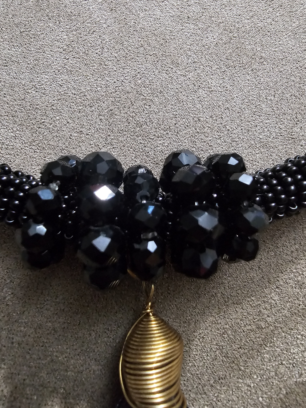 Black Beaded Statement Necklace with Gold Pendant